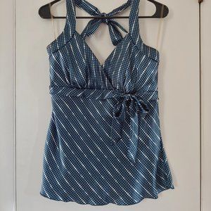 studio y blue dot satin halter top w/ bow
